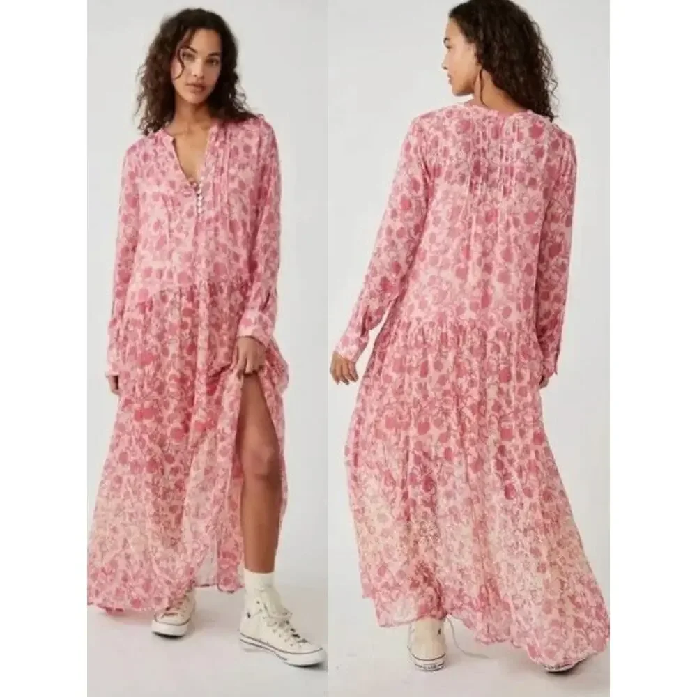 Free People XL Dainty Ethereal See It Through Maxi Dress Pink Rose Floral
